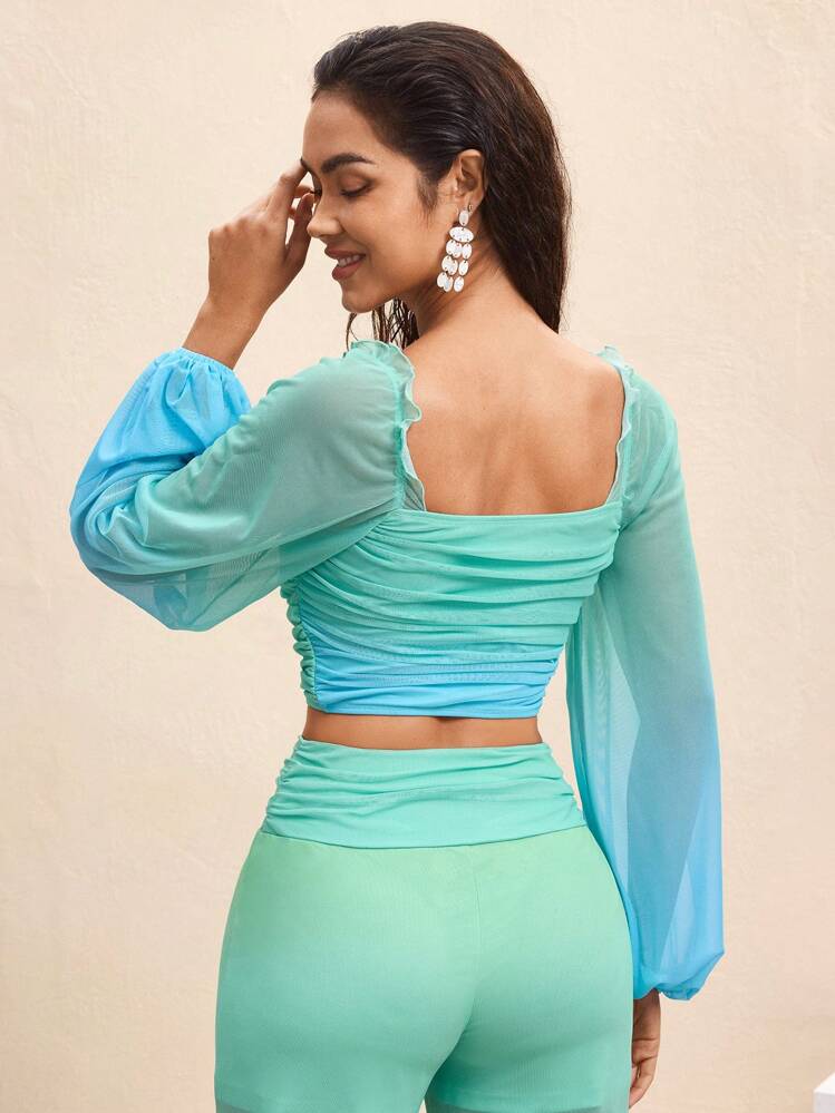 BY FELIZIA Blue And Green Gradient Print Mesh Puff Sleeves Long Sleeves Gold Starfish Pleated Hollow Short Holiday Tops Women's Tops - Multicolor - View 2