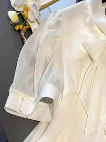 Franclia 大码女式优雅缎面蝴蝶结衬衫 - 杏色 - 查看 5