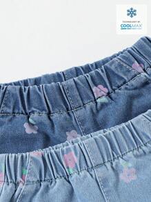 Set de 2 piezas de jeans de cintura elástica con volantes y estampado floral para niña bebé - Multicolor - Ver 3