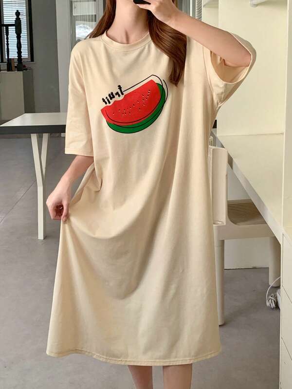 DAZY Cartoon Print Loose Short Sleeve Nightgown Summer Sleepwear For Women Pajama