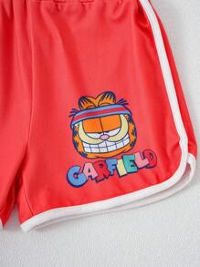 GARFIELD | SHEIN Conjunto de 2 piezas de Top de tirantes estampada con baloncesto y shorts deportivos estampados con baloncesto, estilo deportivo casual para niño, para primavera/verano - Naranja Coral - Ver 6