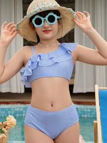 Tween Girl Swimwear Set - Blue & White Striped Spaghetti Strap Swimsuit With Double Ruffle Hem And Matching Blue & White Striped Swim Shorts, Suitable For Summer, Spring & Autumn Holiday/Beach/Water Park/Swimming, Sweet & Minimalist Urban Fashion