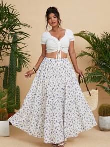 Flirla Váy xòe hoa chắp vá xếp ly cỡ lớn thời trang dành cho nữ, mặc ngày lễ và mặc hàng ngày - trái cam - Xem 1