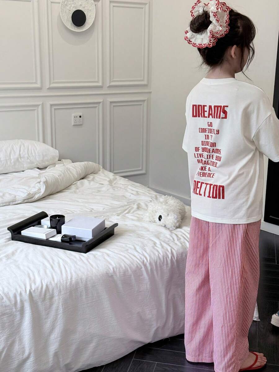 Dazy Kids 青少年女孩休闲圆领字母印花短袖 T 恤 + 格子梭织裤家居服套装，春夏季，返校服装 - 白色 - 查看 1