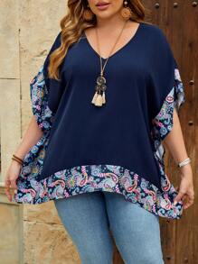 EMERY ROSE Plus Size V-Neck Patchwork Batwing Sleeve Casual Vacation Paisley Print Blouse,Vacation Summer Office Wear, Vacation, Summer Festival Boho,Holiday,Western Wear - Navy Blue - View 3