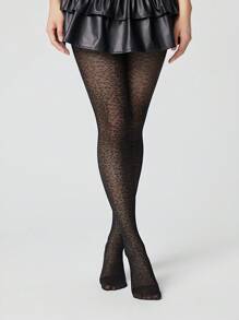 ROMWE Goth 1 Pair Women All-Season Maillard Leopard Print Tights - Black - View 5