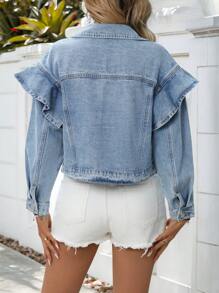 Breezaya 女士荷叶边落肩长袖单排扣牛仔夹克 - 淺色水洗藍 - 查看 2