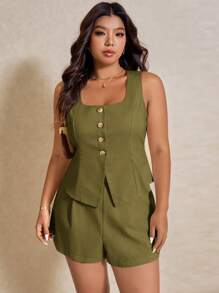 Elaquor Bộ 2 món áo sơ mi không tay một hàng khuy đơn màu trơn cỡ lớn dành cho nữ và quần short thường ngày - xanh quân đội - Xem 5