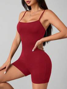 SHEIN PETITE Casual Simple Solid Color Suspender Jumpsuit Suitable For Summer Tight Women's Bodysuit - Burgundy - View 5