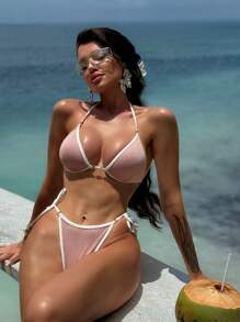 Swim SXY 2 Stücke Damen Solide Gepolstert Push-Up Glitzer Seitlich Gebundene Bandeau Bikini Set für den Strandurlaub - Pink - Übersicht 1
