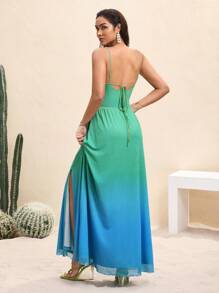 BY FELIZIA Blue-Green Gradient Printed Mesh Metal Gold Heart Hollow Backless Maxi Dress, Suitable For Vacation And Festivals, Boho Vacation Sundress Beach Dresses For Women Beach Formal Dress Women Dresses Beach Vacation Dresses Summer Dresses - Multicolor - View 2