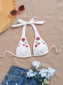 Swim Mod Deep V Neck Vintage Floral Print Halter Bikini Top For Summer Beach Vacation - Multicolor - View 1