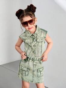 DENIMLY YOUNG GIRL Y2K Urban Street Boho Vintage Heavy Stone Wash Mint Green Raw Hem Crop Denim Jacket & Denim Mini Skirt Matching Two Pieces ,Elastic Waistband And Multi Cargo Pockets Skirt