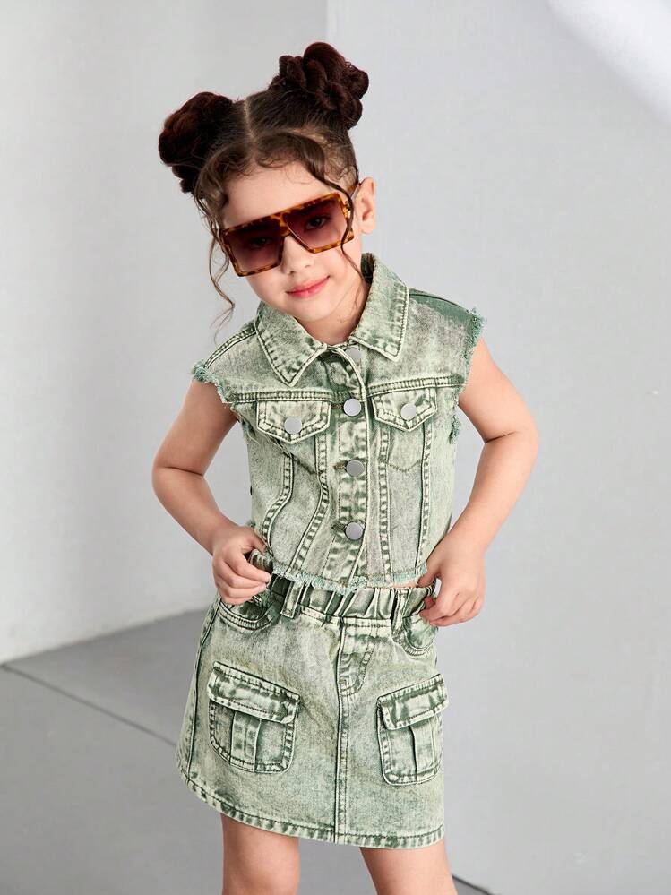 Conjunto de dos piezas de DENIMLY con chaqueta de mezclilla verde menta lavada con piedra vintage estilo Y2K urbano bohemio y minifalda de mezclilla a juego con cintura elástica y múltiples bolsillos tipo cargo - verde menta - Añade 1