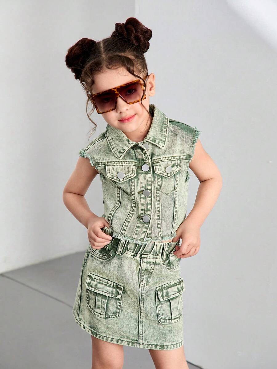 DENIMLY YOUNG GIRL Y2K Urban Street Boho Vintage Heavy Stone Wash Mint Green Raw Hem Crop Denim Jacket & Denim Mini Skirt Matching Two Pieces ,Elastic Waistband And Multi Cargo Pockets Skirt