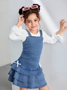 DENIMLY 年轻女孩 Y2K 高弹力蝴蝶结连衣裙，带肩带和 3 层。Y2K 和时尚