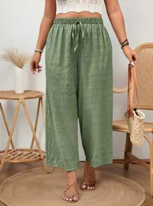 SHEIN Frenchy Plus Size Women's Solid Color Tie-Waist Wide Leg Loose Pants