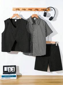 Bộ 3 áo vest có cấu trúc cho bé trai tuổi mới lớn, áo phông sọc tay ngắn và quần short - màu đen - Xem 2