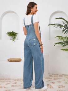 SHEIN Maternity Casual Vintage Washed Ripped Bib Overall Dungaree Pants - Medium Wash - View 2