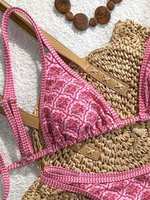 Elavelle Women's Random Print Adjustable Strap Tie-Up Two Pieces Bikini Set, Suitable For Beach Vacation, Summer - Multicolor - View 6