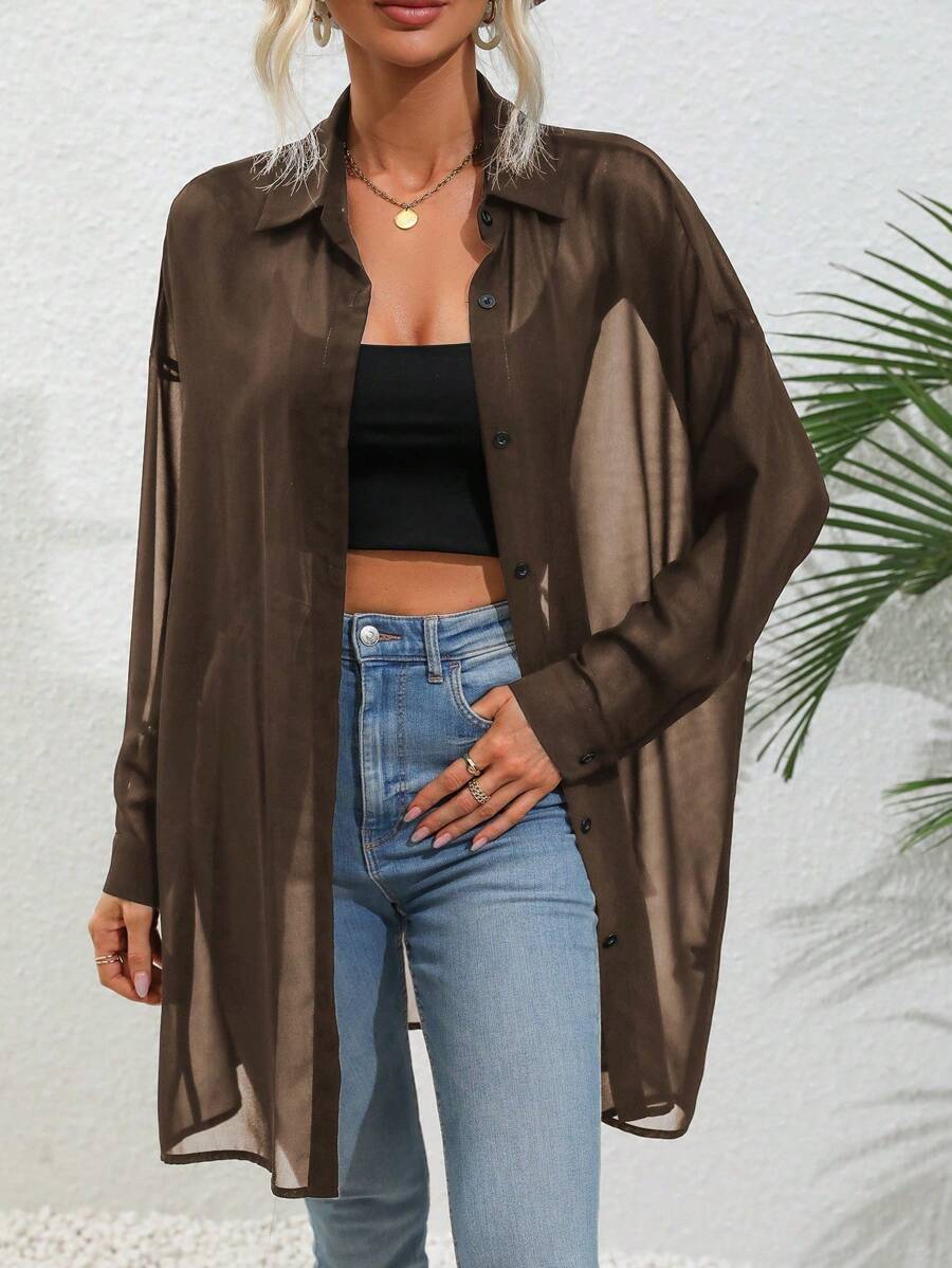 SHEIN LUNE Solid Color Front Button Up See-Through Casual Long Sleeve Shirt Fall Cloth For Women - Coffee Brown - View 1