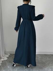 Lyxana 女士纯色荷叶边前扣长袖休闲长款收腰连衣裙长款女装