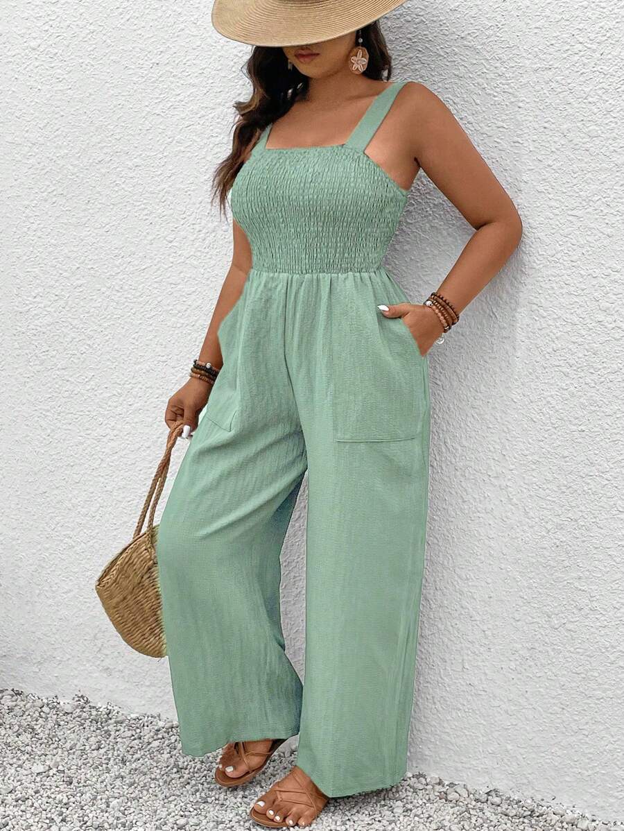 SHEIN Clasi Plus Size Solid Color Simple Fashion Sleeveless Jumpsuit, Suitable For Summer - Green - View 1