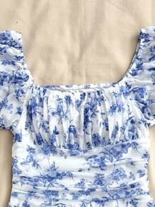 SHEIN Teen Girls Spring& Summer/Valentine Day/Dreamara Blue & White Floraldress/Vacation/Holiday/Vintage//Beach/Sea/Elegant/Dresses For Girl/Bohemia/Boho Clothing/Sun Dresses For Girls Holiday Outfits - Blue and White - View 6
