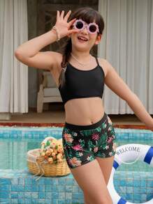 SHEIN Tween Girls Swimsuit Set: Short Sleeve Mesh Top, Solid Color Cami Top And Swim Bottoms - Multicolor - View 4