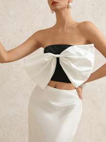 GENKIRA High Quality Satin Contrast Color Oversized 3D Bow Design Elegant Romantic Formal Vibe Bandeau Top For Women - Black - View 4