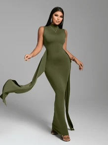 Zolique Women's High Neck Front Tie Sexy Extra Long Dress - Army Green - View 3