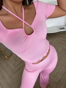 SweetSlumber Sweet Hollow Out Drawstring Neck Top & Pants Women Pajama Set Outfit - Pink - View 6