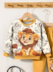 SHEIN 男婴卡通狮子印花宽松针织圆领休闲毛衣和短裤套装 - 彩色 - 查看 4