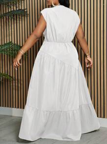 Slaydiva Plus Size Women's Elegant Cocktail Party Vacation V-Neck Sleeveless Solid Color Asymmetrical Cutout Patchwork Thin Long Dress, Spring/Autumn - White - View 2