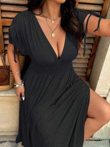 SHEIN LUNE Plus Size Soft Knit Adjustable Shoulder Line Romper With Short Sleeves, Drawstring Waist, Side Slit, V-Neck, Casual For Outing & Holiday - Black - View 5