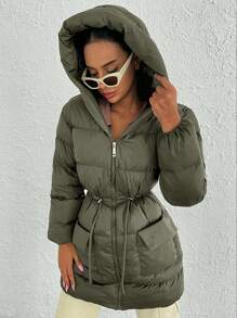 EURMUSE Zip Up Drawstring Waist Hooded Puffer Coat - Chocolate Brown - View 3