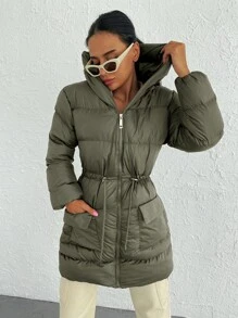 EURMUSE Zip Up Drawstring Waist Hooded Puffer Coat - Chocolate Brown - View 5