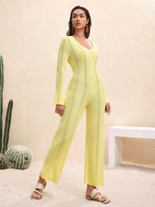 BY FELIZIA Light Yellow Solid Color Knitted V-Neck Flared Long-Sleeved Jumpsuit, Butter Yellow Holiday Elegant Casual Jumpsuits For Women