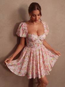 Savoree New Arrival Women's French Square Neckline Ditsy Floral Waist Cinched Puff Sleeve Summer Dress, Suitable For Beach, Festival, Holiday, Sexy Party Outfits