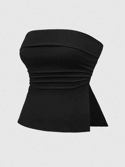 Grunge Punk المرأة ذات الحجم الكبير ملابس علوية أنبوبية بلون أسود ضيقة ومصممة بفتحة جانبية سحرية