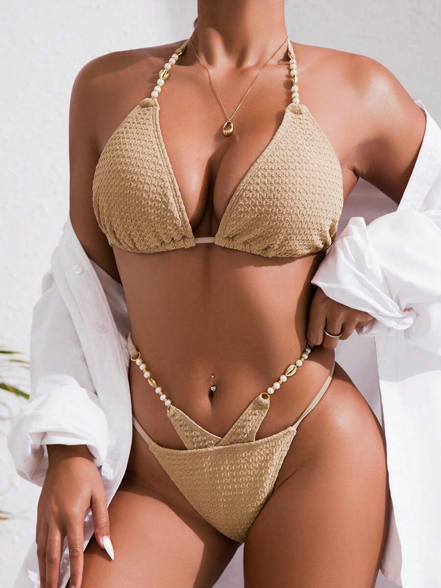 SHEIN Swim 女士海滩夏季比基尼套装,纯色挂脖露背上衣和高腰丁字裤 - 卡其色 - 查看 1
