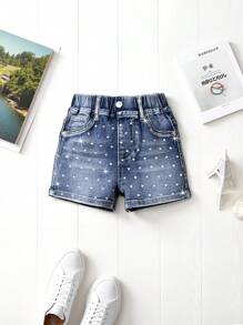 Young Girls Cute Vintage Style Washed Denim Elastic Skinny Soft Comfortable Versatile Casual Girl's Denim Shorts - Medium Wash - View 4