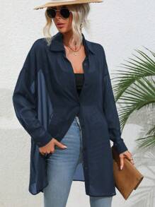 SHEIN LUNE Camisa casual de manga larga, transparente, con botones delanteros de unicolor