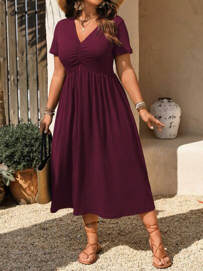 Rometta Pure Elegant Casual V-Neck Pleated Design Short Sleeve Knitted Plus Size Women Dress, New Arrival