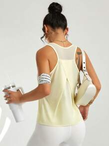 Easithlete Áo ba lỗ tập yoga thể thao lưới chắp vá dành cho nữ - Màu vàng - Xem 5