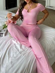 SweetSlumber Sweet Hollow Out Drawstring Neck Top & Pants Women Pajama Set Outfit - Pink - View 1