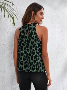 SHEIN Clasi 女士时尚休闲豹纹挂脖式编织衬衫 - 綠色 - 查看 2