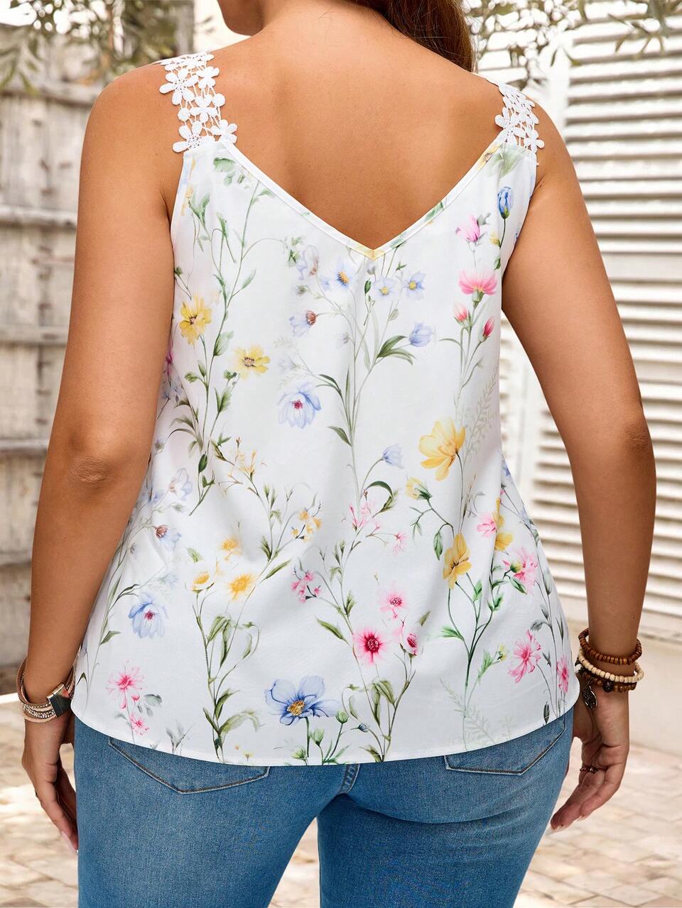 Plus Size V-Neck Floral Print Halter Tank Top, Casual For Vacation,Vacation Woman Summer Women Office Wear, Festival Boho,Holiday,Flower/Spring