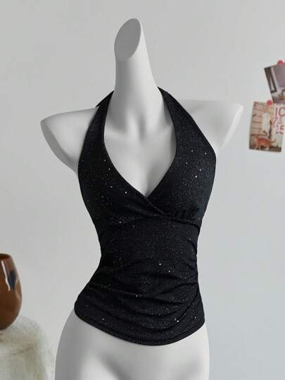 Elamini Fashionable Glittery Criss Cross Back Halter Neck Crop Top