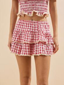 WESTFADE Western Summer Floral & Eyelet Embroidery Gingham Drop Waist Ruffle Tiered Mini Skirt Spring Break Beach Vacation - Red - View 5